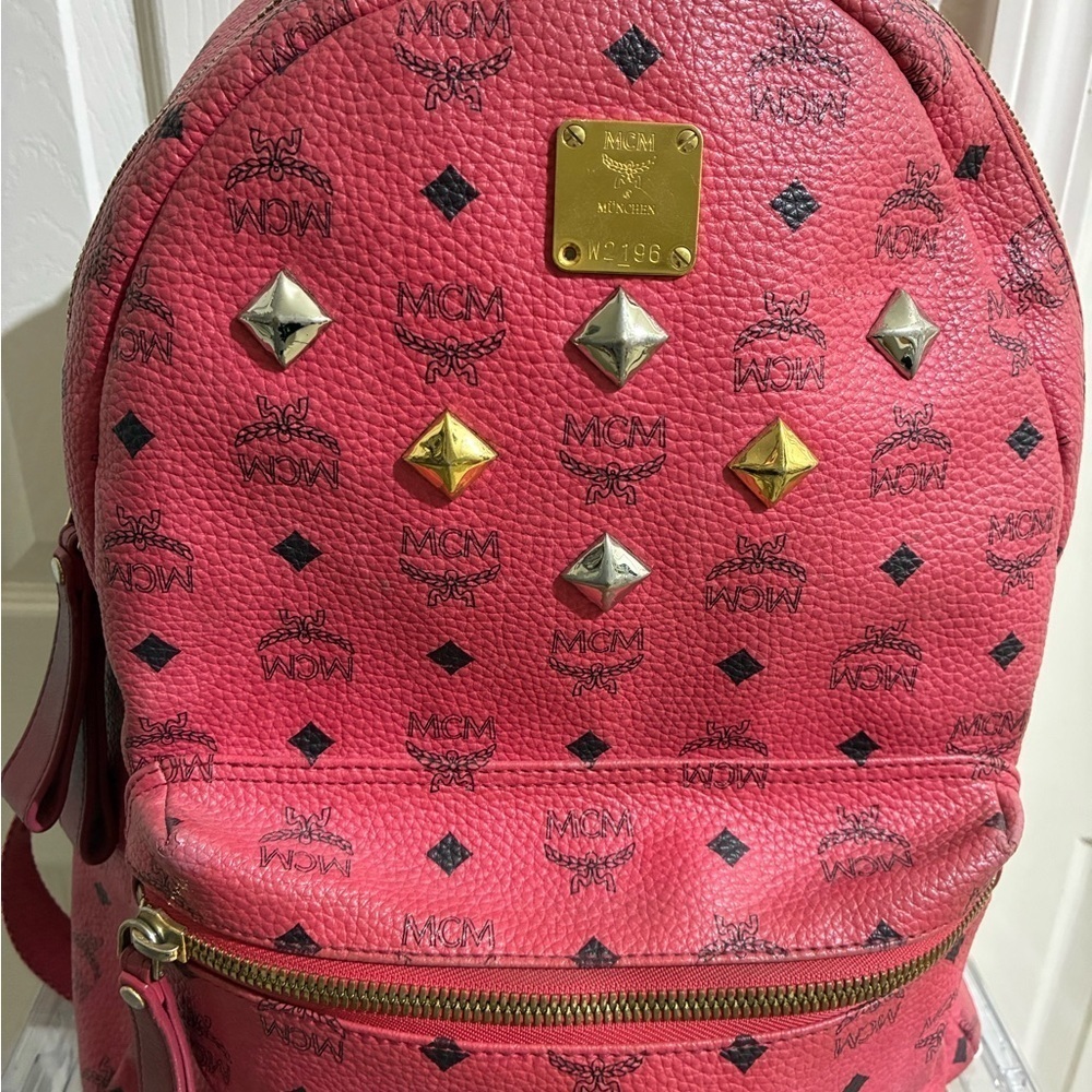 MCM Red Backpack with Gold and Silver Studs